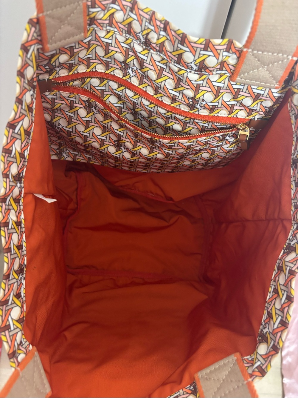 Tory Burch Orange Patterned Logo Canvas Tote - Picture 2 of 5